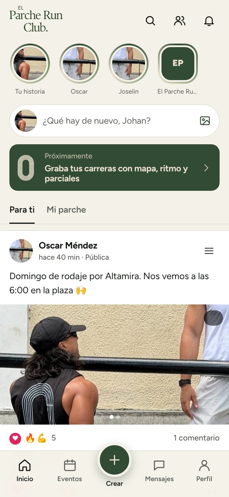 Feed de la app con publicaciones del parche
